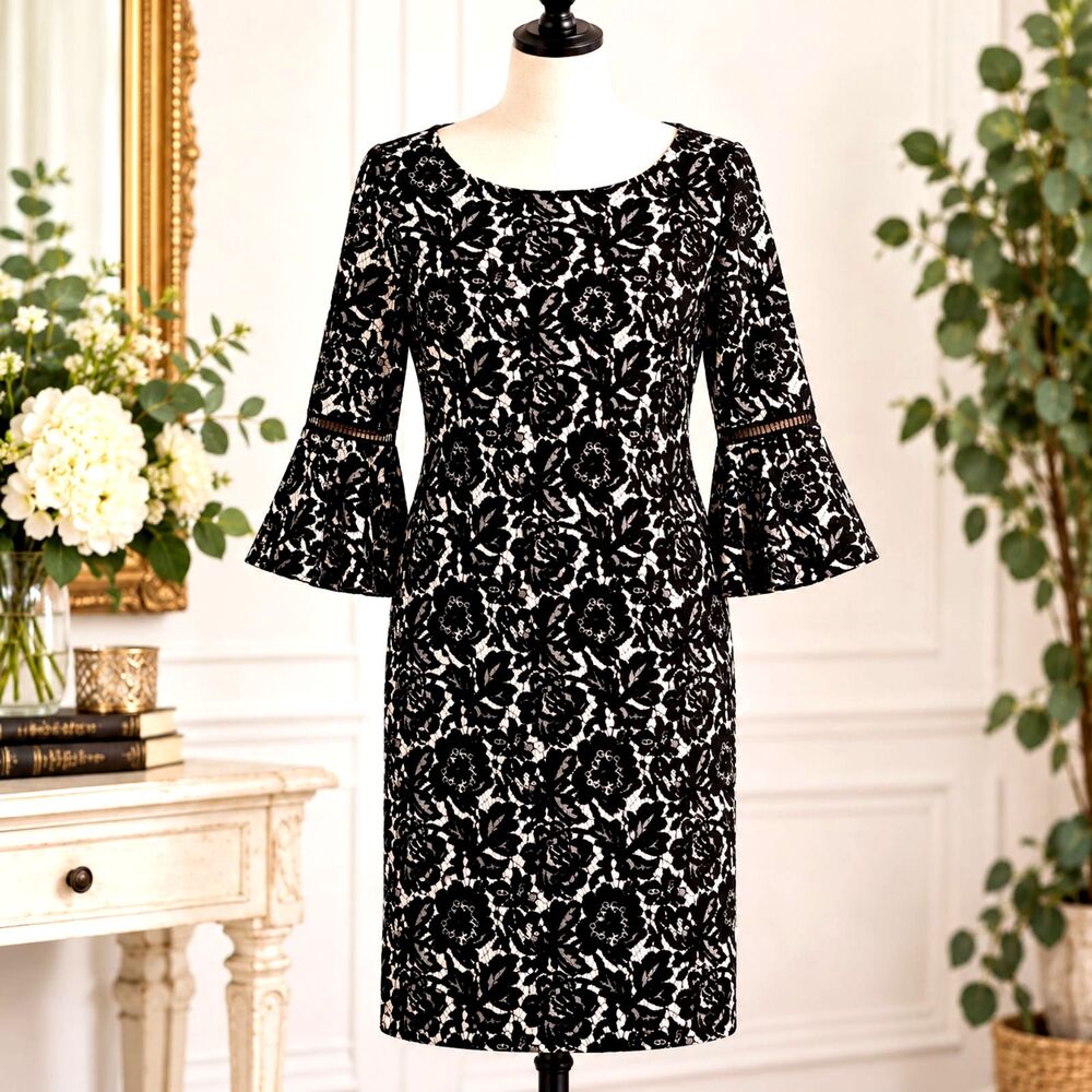 Jessica Howard Black Floral Lace Bell Sleeve Dress Size 12 NWT $99